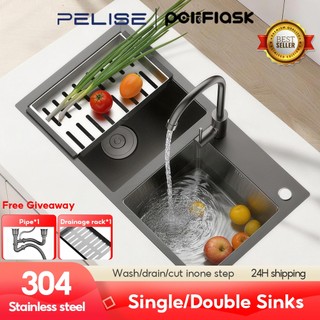 Pelise Double Kitchen Sink Thickness Silver Black 304 Stainless Steel Free Drain&Basket