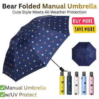 Cute Brown Bear Folded Sun Rain Manual Umbrella with UV Protection and Comfort for Travel