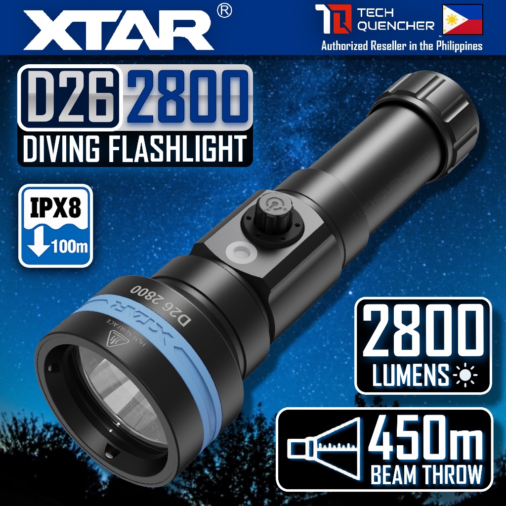 XTAR D26 2800 ไฟฉายดําน้ํา - 2800 Lumens - 450 เมตร- 5000mAh แบตเตอรี่ USB-C แบบชาร์จไฟได้ 21700