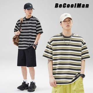 Men's striped short sleeved T-shirt Retro fashion leisure style round neck oversized shirt Unisex