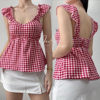 Sadie Gingham Ruffle Tank Smocking Peplum Crop Top For Women