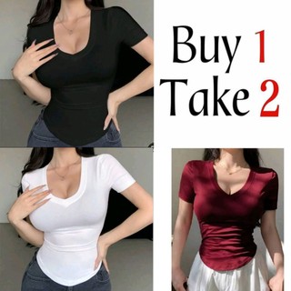 Retro VNeck Short-Sleved Top Slim Plain Comfotable Stretchable Womeswear