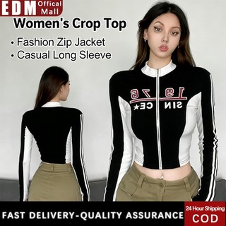 American Retro Motorcycle Style Letter Printed Zipper Jacket Women's Sexy Cropped Top Coat