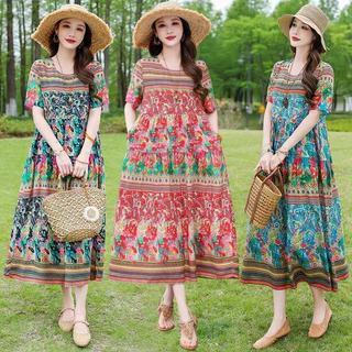 Retro Loose Floral Dress Casual Holiday Beach Dress Bohemian Plus Size Maxi Dress L2061