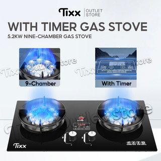 Tixx 5200W Built-In Gas Stove Double Burner With Timer 9-Chamber Burner Glass Top Furnace
