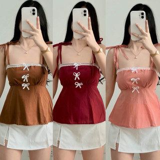 JEWEL LINEN COQUETTE Lace Self Tie Top Ribbon Top