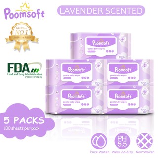 Poomsoft 5 Packs x 100 Sheet Lavender Scented No-Alcohol Gentle Wipes For Baby Wet Wipes Disposable