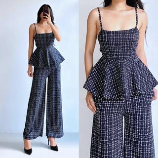 Checkered Print Casual Crepe Terno with Peplum Top and Wide Leg Pants | DA&ABOUT THE FIT (QUENNIE)