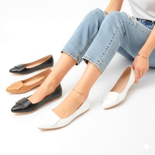 R&A226  Flat Pointed Toe w/ Trapezoidal Ribbon in Plain Leather Doll Shoes or Sandals (Standard Fit)