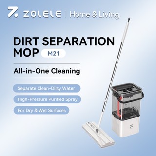 ZOLELE M21 Self Wash Flat Mop Squeeze Mop and Bucket with Wringer Separates Dirty and Clean Water