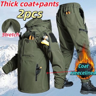 【Coat+Pants=2PCS 】Outdoor Waterproof Shark Skin Softshell Windproof Breathable Zipper Jacket Coat