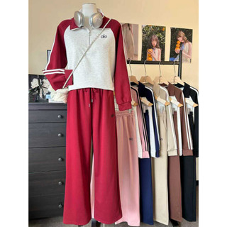 baao Retro Two-Tone Raglan Sleeve Half-Zip Cropped Top + Wide-Leg Pants terno set