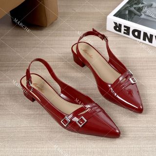 Marche Elegant Pointed Toe Gloss Rubber 1inch Heels With Small Belt Buckle For Women's Footwear