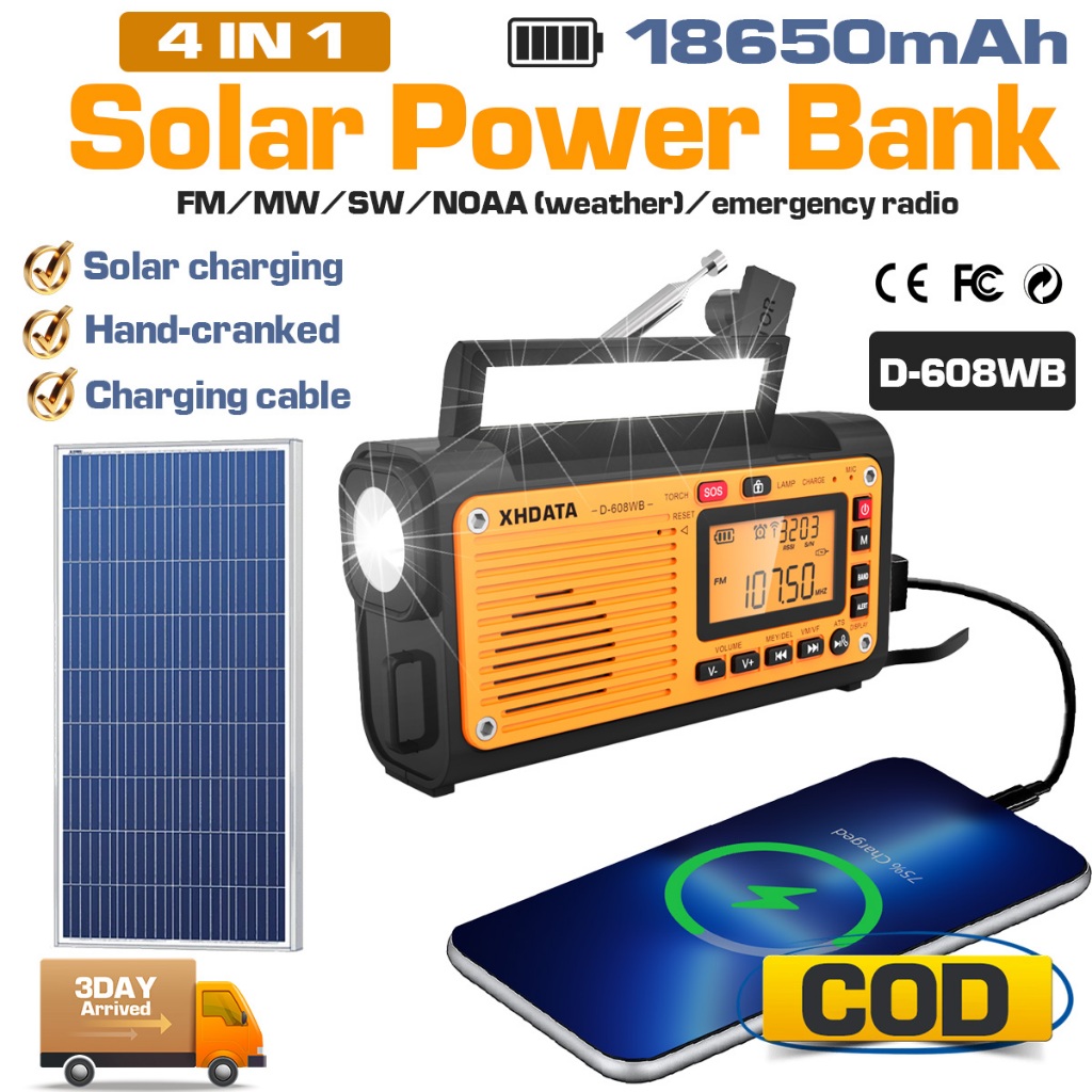 【ได้รับการรับรองจาก FCC】 XHDATA D-608WB พาวเวอร์แบงค์พลังงานแสงอาทิตย์แบบพกพาอเนกประสงค์,วิทยุ FM/AM