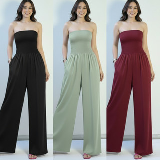 【lgoh.ph】Owla Fashion Plain Long Wide leg Smocked Women's Jumpsuit 1904