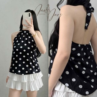 Maggie Linen Halter Polka Dot Backless Hanging Top For Women