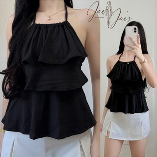 Merry Ruffle Halter Tie Flowy Hanging Backless Top For Women Cotton Spandex