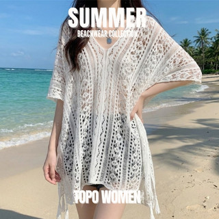 TOPO WOMEN PH Korean Summer Crochet Swimwear Beach Cover Up Boho Hollow Out V-Neck Loose Chiffon