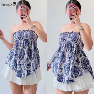 Sunny&Co  JESSICA Asymmetrical Hem Smocking Tube Summer Sexy Casual Top For Women