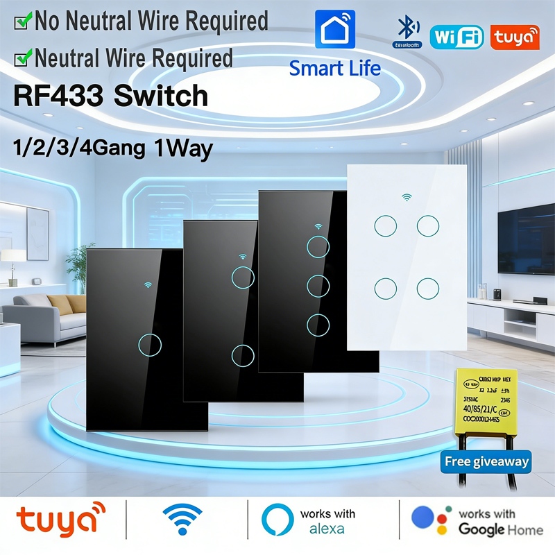 Tuya WiFi RF433 สวิตช์สัมผัสอัจฉริยะลวดสดเดียว 86/120 ประเภททํางานร่วมกับ Alexa Google Home