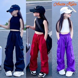 Anito Kids Girls Cargo Pants Summer Fashion Breathable Sports Dance Wide-leg Pants For 120-160CM
