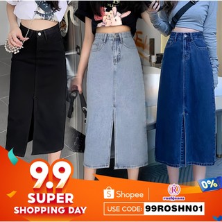 Rosh Denim Long Skirt Korean Style High Waist A-line Casual Midi Skirt for Women New Arrival