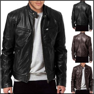 Motorcycle PU Brown Leather Jacket Plus Size Men Black Moto Biker Jacket With Zippered Pocket