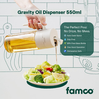 Famco Gravity Oil Dispenser 550ml Glass Bottle w/ Auto Open Drip-Free Spout