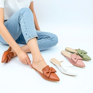 R&A675 Flat Pointed Closed Toe w/ Ribbon in Plain Vegan Leather Half Shoes (Narrow Fit add 1 size)