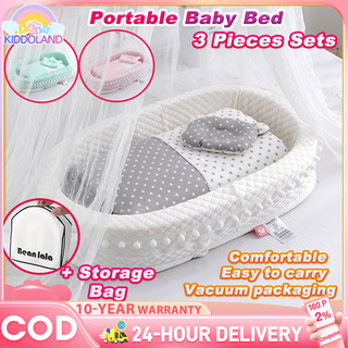 Baby Bed Set Pure Cotton Portable Newborn Crib with Pillow&Quilt Breathable Baby Bed