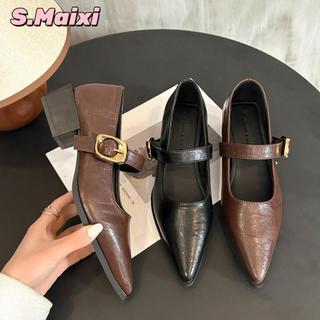 S.Maixi pointed high heels for women with 2 inch Brown retro thick heel Mary Jane office shoes