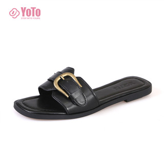 YOTO Pu Leather Sandals For Women With Adjustable Buckle Comfy Casual French Slippers Ladies