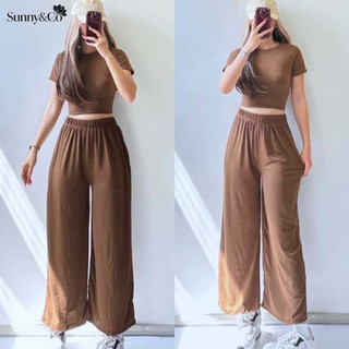 Sunny&Co 2pcs/set Women Casual Solid Color Short Sleeve Top and Pants