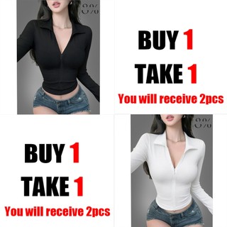 Buy 1 Take 1 Two-way Half-Zipped Longsleeve Turtle Neck Basic Solid Longsleeves Top S-M