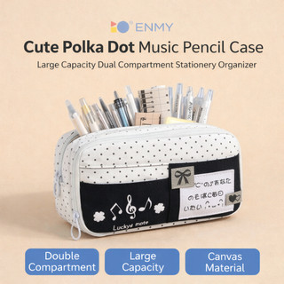ENMY Cute Polka Dot Pencil Case Large Capacity Double Zipper Canvas Pen Pouch for School