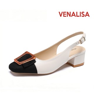 Venalisa Retro women's chunky heels with a square buckle at the toe, spliced ​​upper cap Office Work