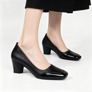 SHUTA Black Slip-on Loafers Shoes for Women Rubber Non Slip Loafers Chunky Heel for Office Walkin