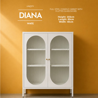 DIANA | Modern Steel White Console Cabinet by Leapify Steel - Pure Glass Doors and Gold Accents