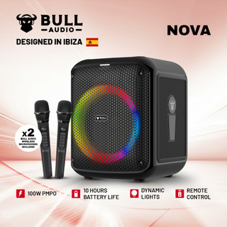 Bull Audio Nova Bluetooth Party Speaker with Two High End Wireless Microphones and RGB Lights