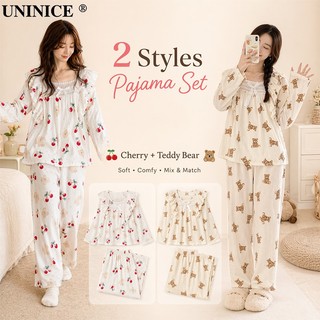 UNINICE Korean Bear Cartoon Pajamas Women's Crew Neck Pajama Set Pajama Pants Long Sleeve Loungewear