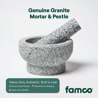Famco Genuine Granite Mortar & Pestle, Heavy Duty Stone Almires for Spices & Garlic, Rustic Style