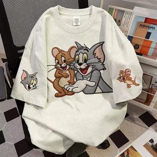 COD SUKISILK Cute Cat And Mouse Embroidery Print Loose Oversized Women Short Sleeve T-Shirt