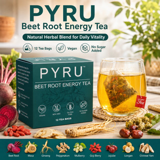 PYRU Beet Root Energy Tea Herbal Tea Bags with Ginseng Red Date Maca Vegan Gluten Free No Sugar Adde