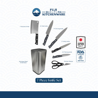 FUJI Kitchenware 7pcs Stainless Steel Knife Set with Knife Rack and Kitchen Scissors