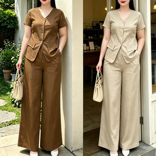 Fashion Trends V-neck Casual Shirt + Wideleg Pants Set  For Women Side Pocket Button  2317