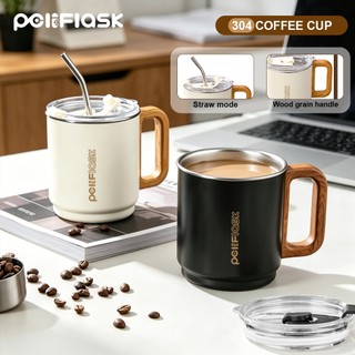 Peliflask Stainless Steel Thermal Coffee Mug With Coffee Mug Wood Grain Handle With Lid/Straw-15oz