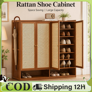 WoodLand Shoe Cabinet Rattan Door With Cover Wooden Shoe Rack Organizer Storage Ins Style Breathable