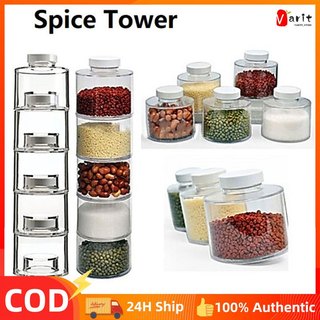 6pcs Transparent Stackable Spice Tower Containers Spice Jars with Lid Kitchen Organizer Reusable