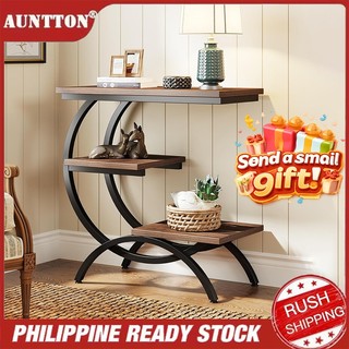 3-Tier Side Table C Shaped Wooden End Table With Metal Frame For Sofa Couch Bedroom Living Room