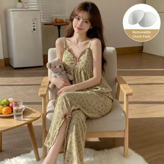 Korean Floral Pajama Set Women, 2pcs V-neck Sleepwear with Chest Pad, Soft Cotton Pambahay